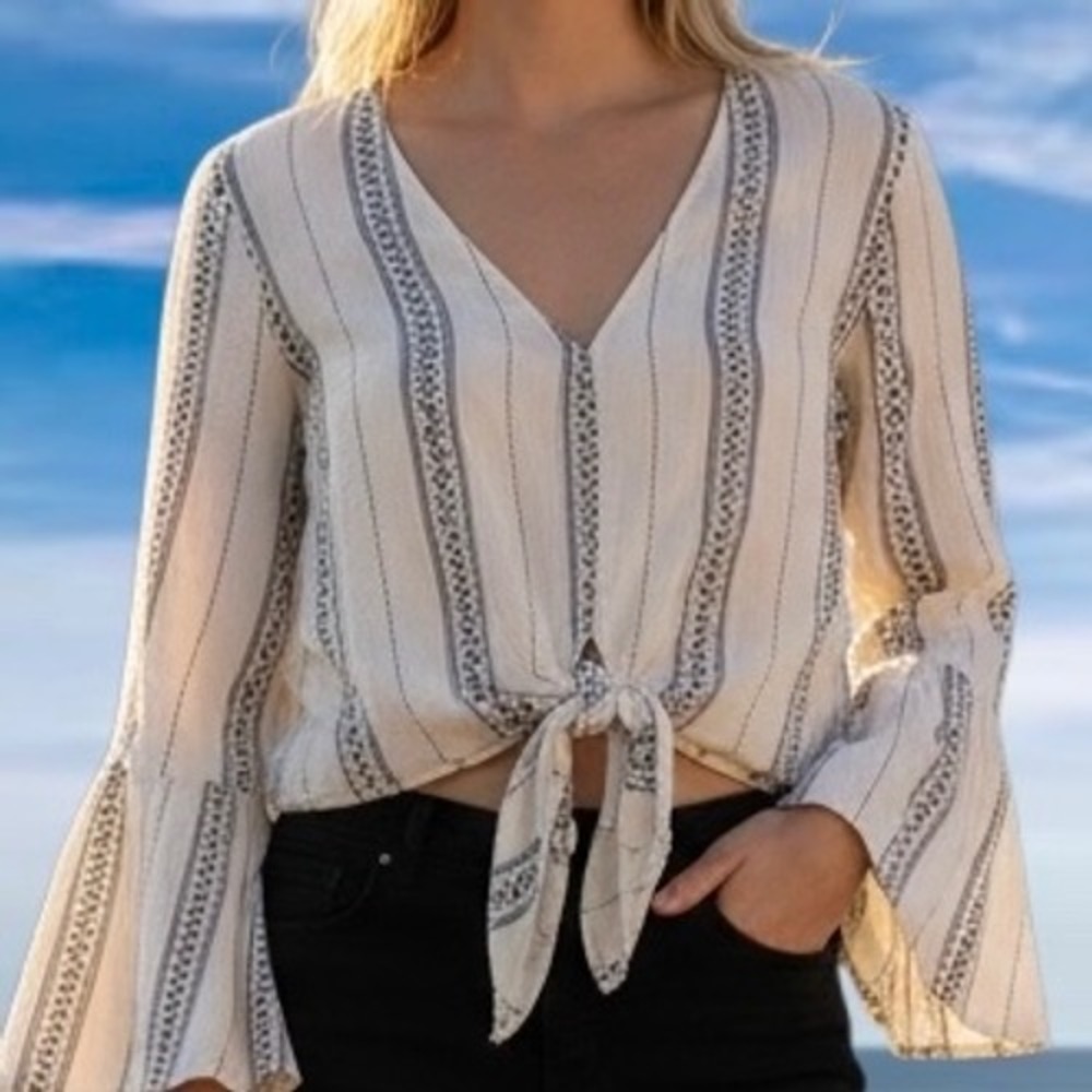American Eagle Womens XL Tie Front Bell Sleeve Blouse Stripe Floral Boho Peasant